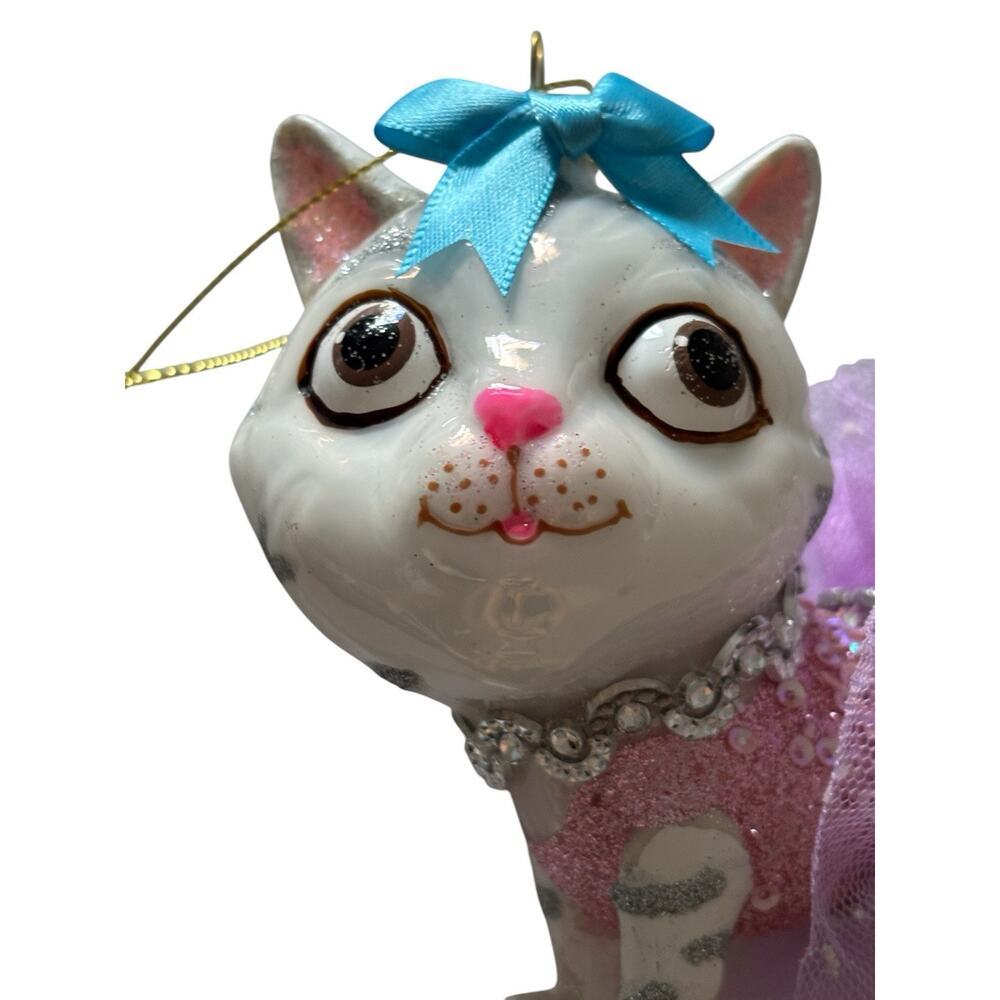 Robert Stanley Kitty Cat Glass Xmas Ornament Tutu Purple Pink Gray White Tabby - Picture 9 of 10